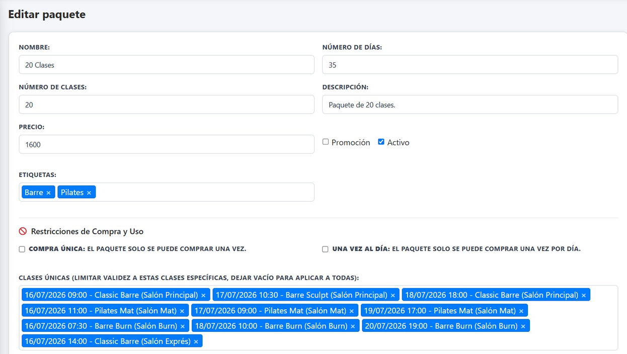 Configuración de paquetes con reglas de compra única y frecuencia diaria