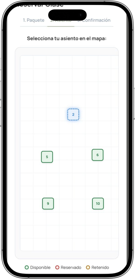 Mapa interactivo de asientos para reservas en la app móvil de Wellflow